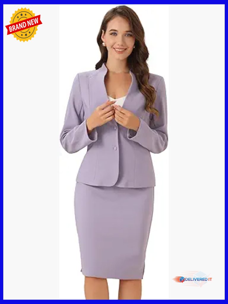 Business Office 2 Piece Skirt Suit Set Collarless Blazer Pencil Skirt